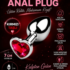 7 CM Kalpli Kırmızı Taşlı Anal Plug – Paslanmaz Çelik Metal Anal Tıkaç | Unisex Premium Tasarım