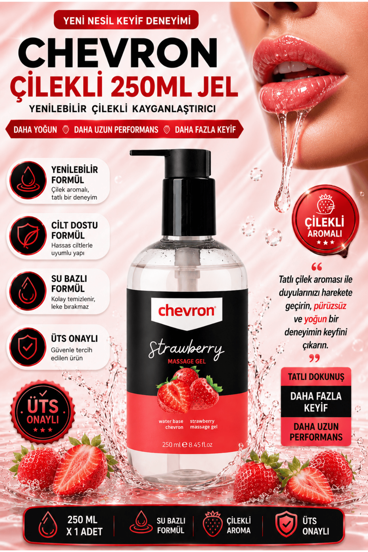 Chevron 250 ML Çilek Aromalı Su Bazlı Doğal Kayganlaştırıcı Jel 1 Chevron 250 ML Çilek Aromalı Su Bazlı Doğal Kayganlaştırıcı Jel